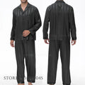 Men Pajamas Sleepwear 2PCS Set Navy Blue Stripes Long Sleeve Trouser Suits Home Clothes Male Loose Silk Satin Pijamas Loungewear