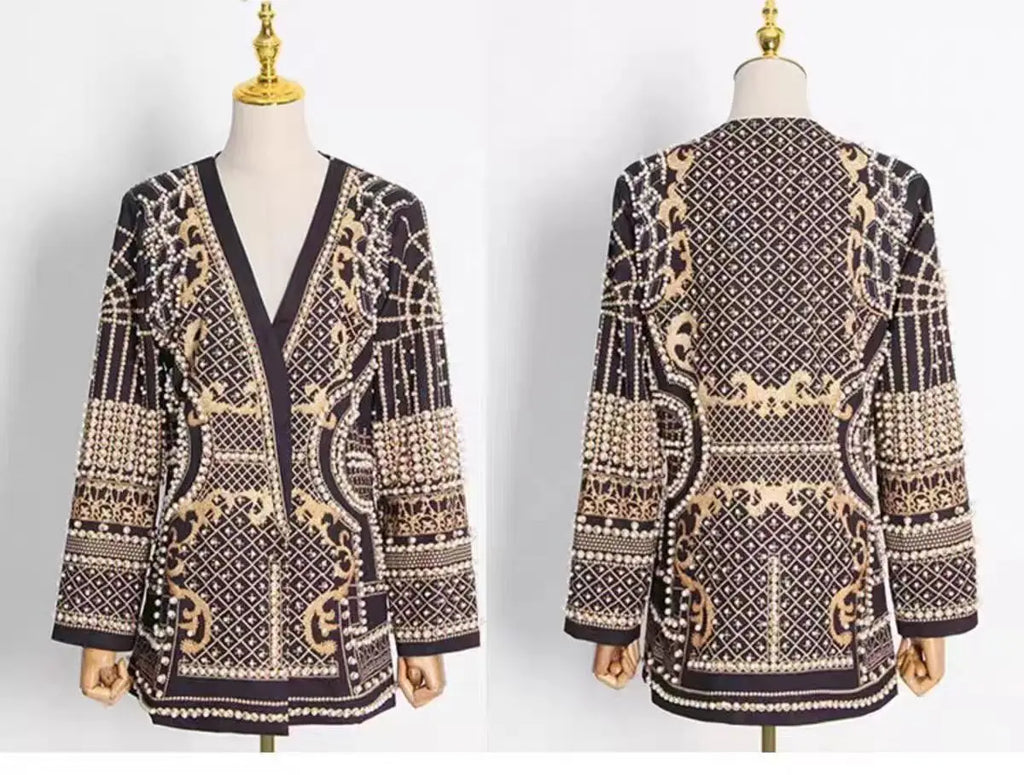 New Fashion Beaded V-neck Blazers for Women Streetwear Trendy High Quality Suit Jacket Coat Outerwear Female Clothing