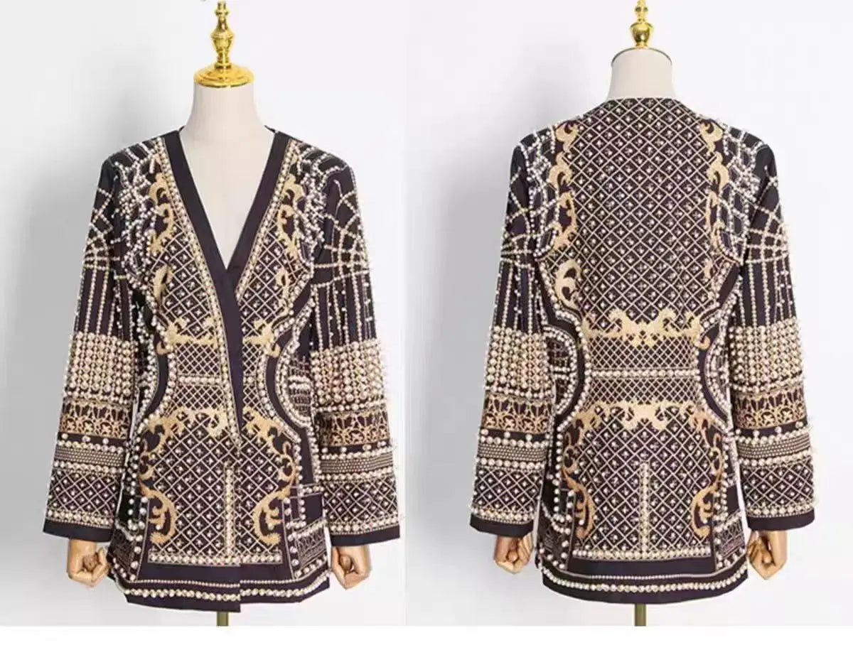 New Fashion Beaded V-neck Blazers for Women Streetwear Trendy High Quality Suit Jacket Coat Outerwear Female Clothing
