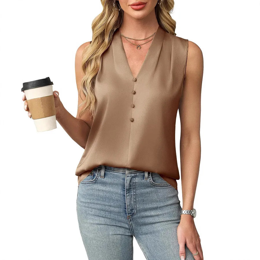 2025 Women's Blouses Summer Fashion Elegant Temperament Satin Work Tank Shirts Casual Button V-Neck Sleeveless Vest Black Tops