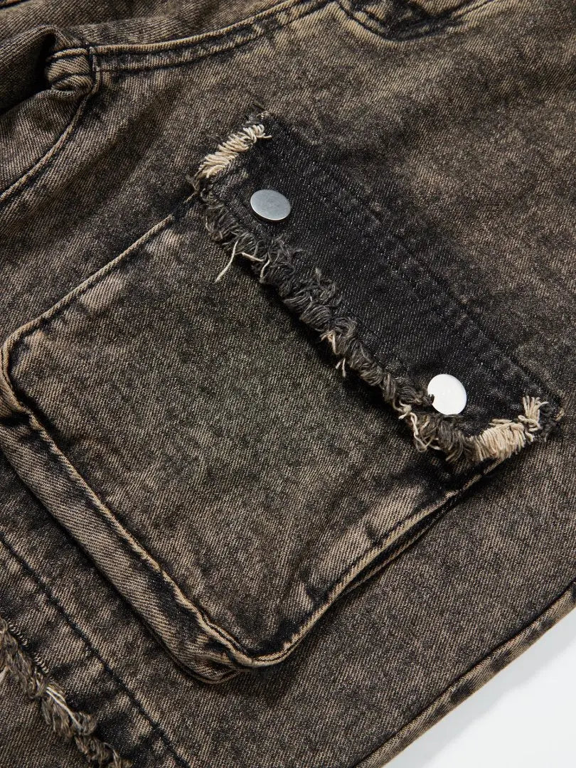 American-style high street heavy-duty workwear jeans for men, distressed with frayed edges, wide-leg, trendy and rugged long pan