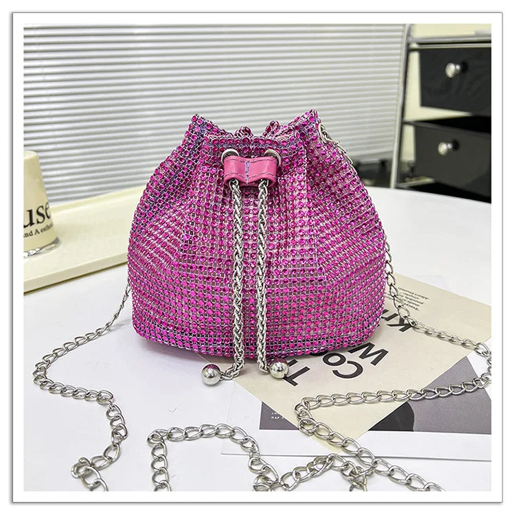 Women Luxury Shoulder Bag Solid Color Rhinestone Glittering Satchel Bag Drawstring Shinny Sling Purse Dinner Party Bag