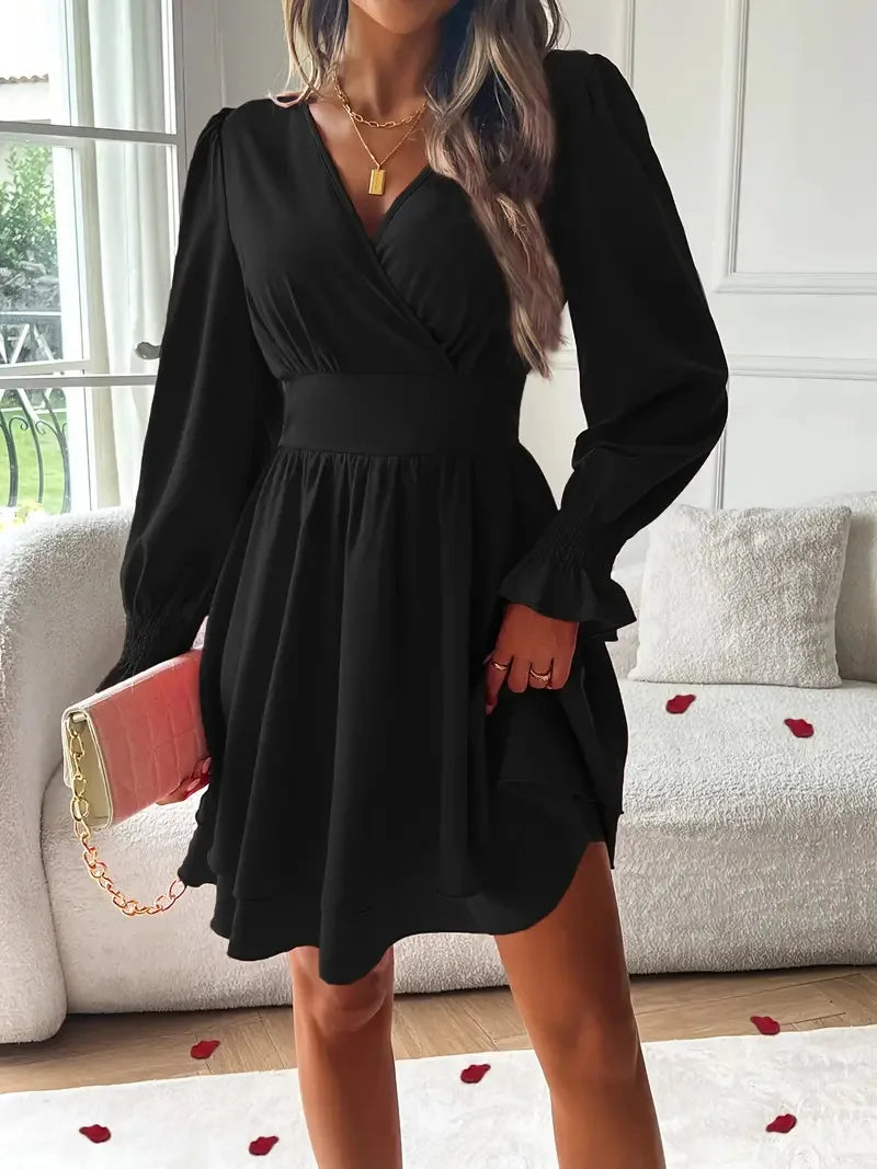 Summer New Dresses 2026 Woman Clothing V-Neck Lantern Sleeve Wrap Mini Dress Ruched Waisted Dress Elegant for Spring Party Dress