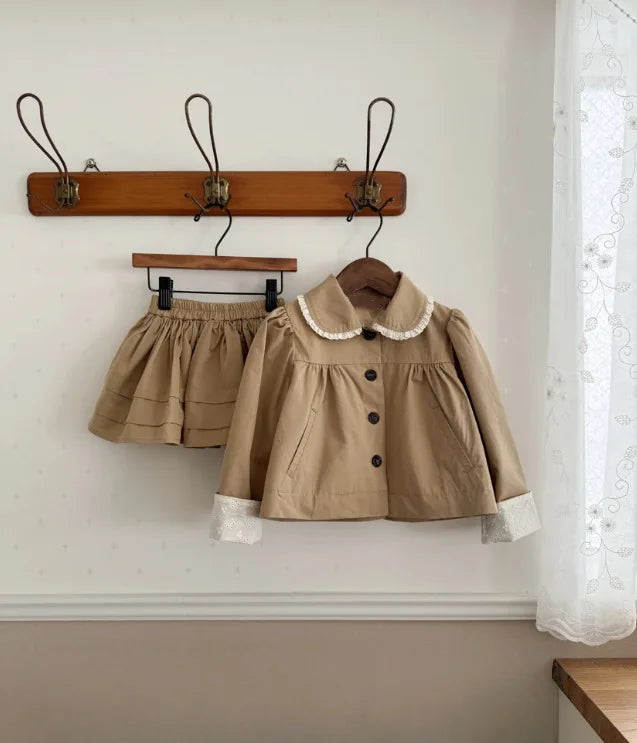 2025 Japanese Girls' Spring and Autumn Cotton Casual Ruffle Collar Jacket, Half Skirt, Children's Forest Two-piece Set