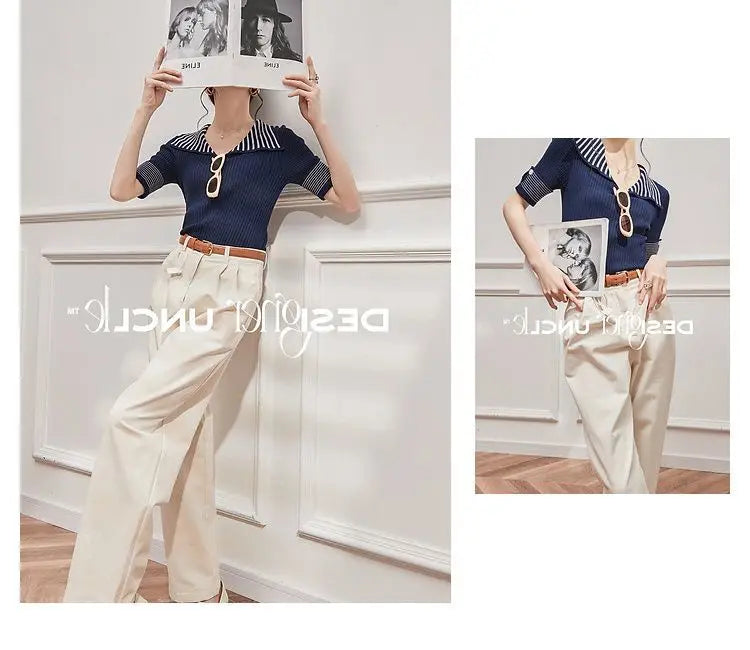 Women's T Shirts Polo Neck Shirt Top Short Sleeve Tee Clothes White Striped Cute Offer Premium With Collar Polyester Sale