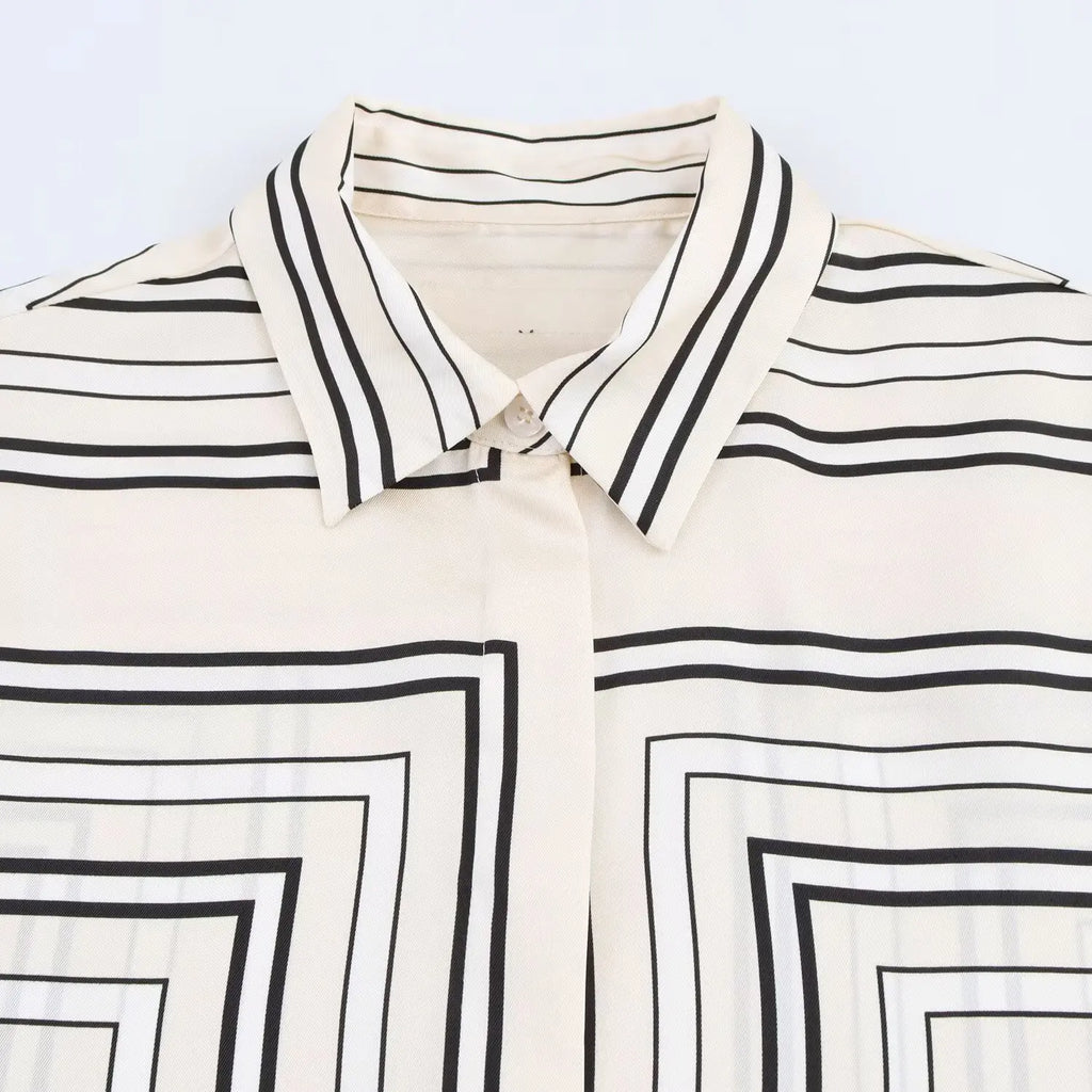 HH 2025 Women Trouser Suit Turn-down Collar Long Sleeve Single-breasted Slim Print Shirt+High Waist Zipper Loose Long Pants