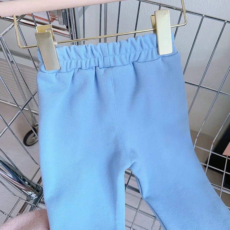 Girls Set 2024 Spring Autumn Girls Treasure Bow Two Piece Set Baby Coat Pants Blue Two Piece Set