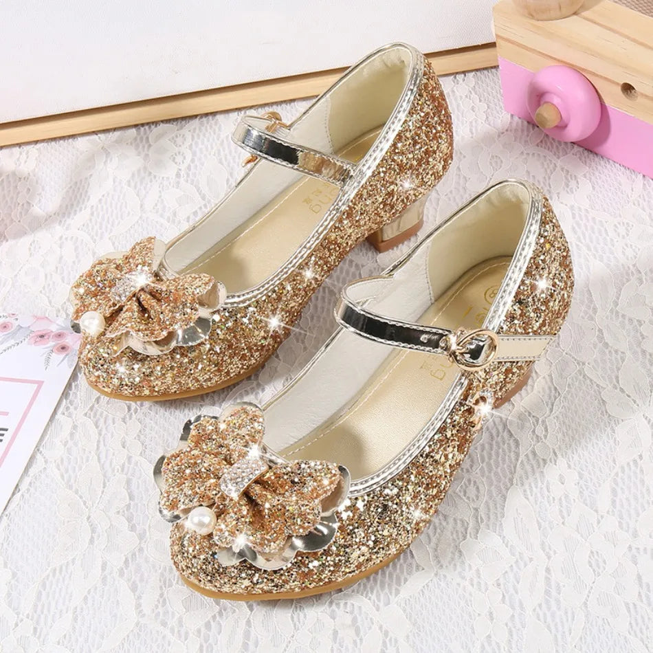 Classic Bow Girl Pu Leather Shoes For Girls Party Dance Children Shoes 3-14 Years Princess High Heels Child Wedding Shoes HSD09
