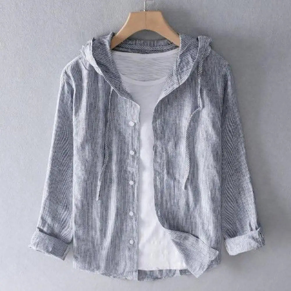 Men Summer Shirt Sun Anti UV Long Sleeve Hooded Drawstring Single breasted Soft Loose Breathable Cardigan Coat Top