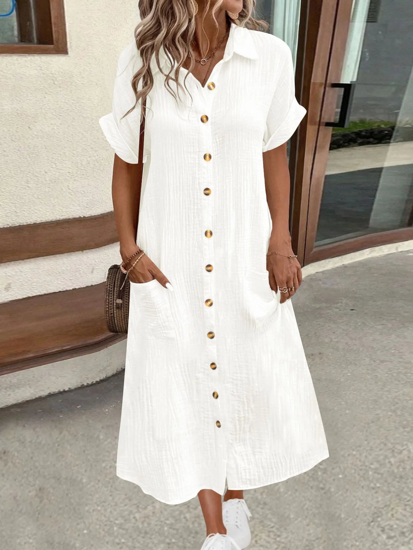 New European and American solid color shirt skirt spring and summer fashionable and comfortable women's short-sleeved long shirt