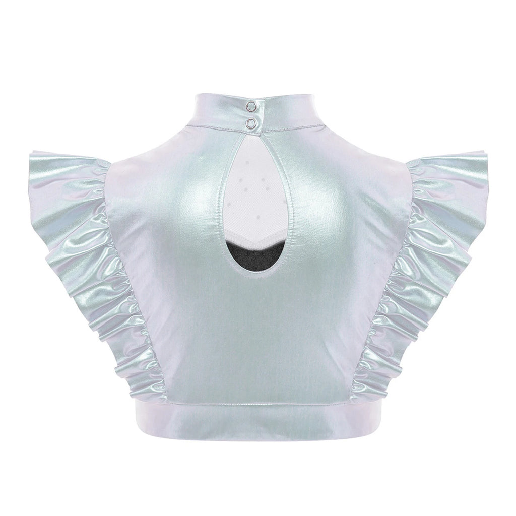 Kids Girls Metallic Shirts Party Disco Jazz Dance Tops Mock Neck Mesh Splice Shiny Rhinestone Sleeveless Ruffle Tank Crop Tops