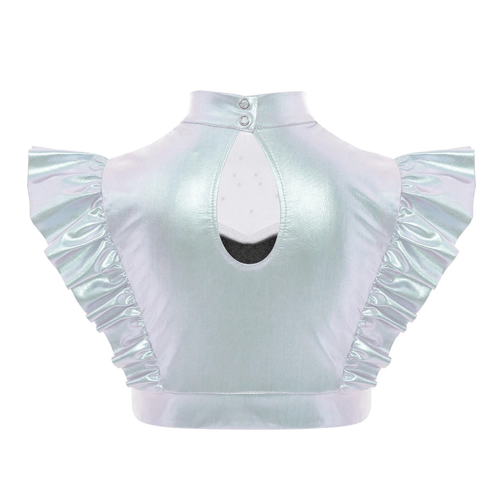 Kids Girls Metallic Shirts Party Disco Jazz Dance Tops Mock Neck Mesh Splice Shiny Rhinestone Sleeveless Ruffle Tank Crop Tops