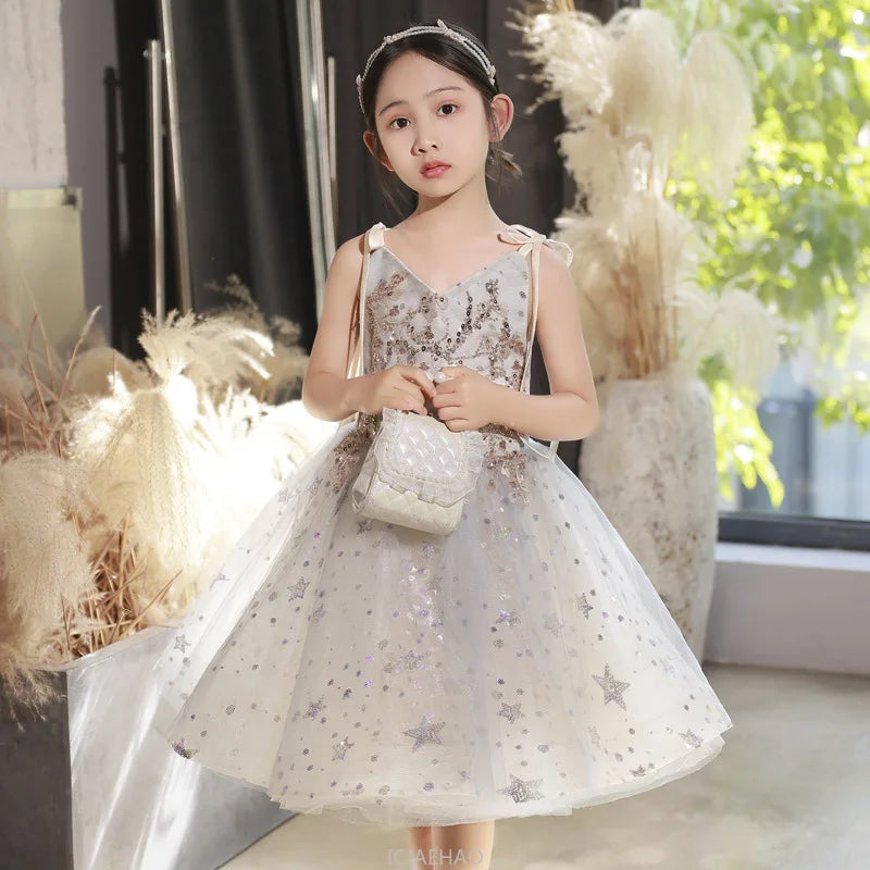 Teen Girl Clothes New Girls Strappy Tie Princess Dress Casual Fashion Kids School Event Host Gown Daily Wear Party Outfit Summer