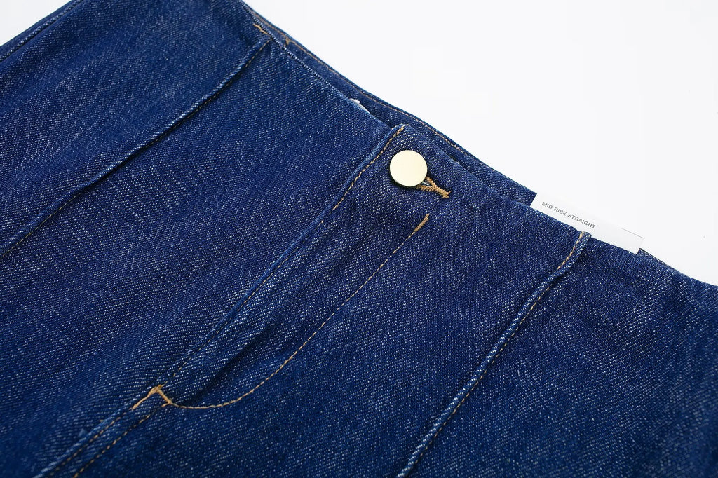 HH 2024 Spring Women 2 Piece Denim Trousers Suits Solid O Neck Coat Top + Pockets Elegant Female Straight Wide Leg Long Pant