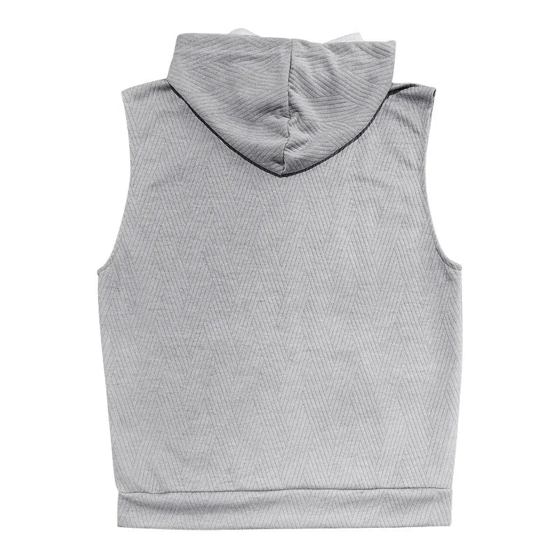2026 Men's Casual 2 Piece Set Fashion Jacquard Knitted T-shirt Hooded Sleeveless Vest Elastic Waist Shorts Jogging Fitness Suit