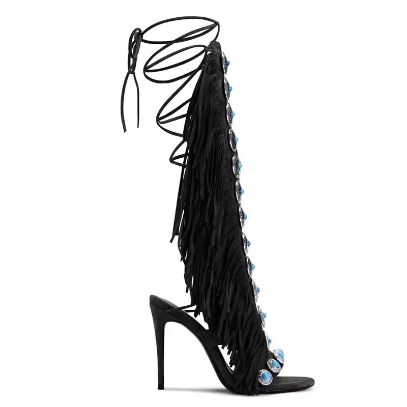 Sandalias Mujer  2025 Summer Women Sandals Peep Toe Sexy Lace Up Knee High Shoes Zapatos De Mujer High Heels