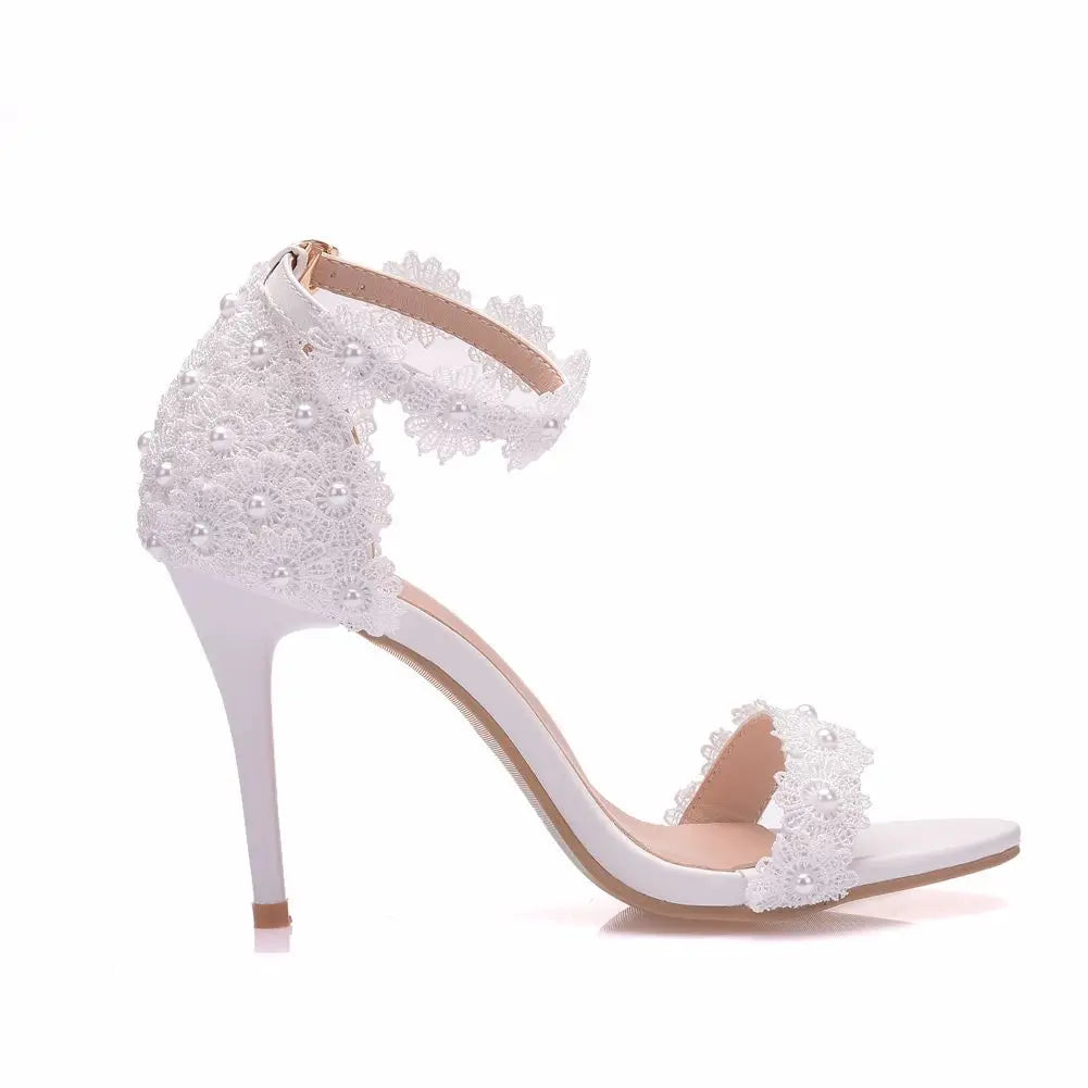 Women Shoes 9cm High Heel Sandals Summer Open toe Thin High Heels Luxury Lace Pearl Flower Wedding Shoes Bride Dress Pumps 34-43