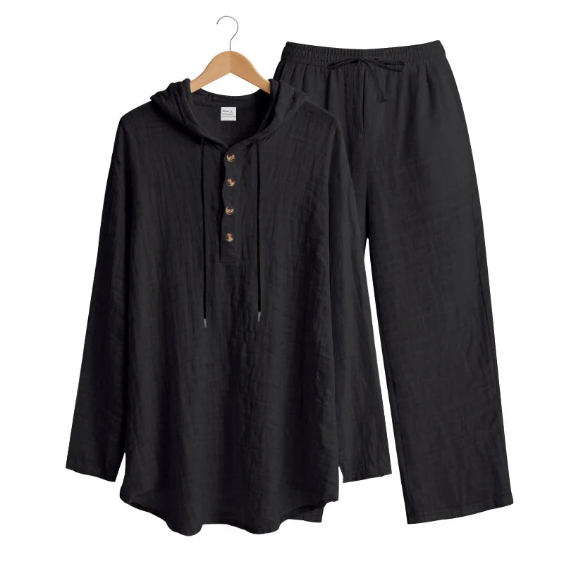 Men's Linen Hooded Sets 2 Piece Outfit Summer Casual Long Sleeve Hoodie and Wide Leg Pants Set for Men
