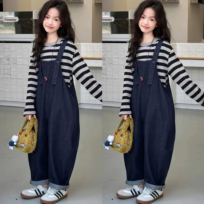 Girls 2 Piece Outfit Korean Style Kids Striped Long Sleeve T-shirt + Loose Denim Overalls Set Spring Autumn Children's Clothing