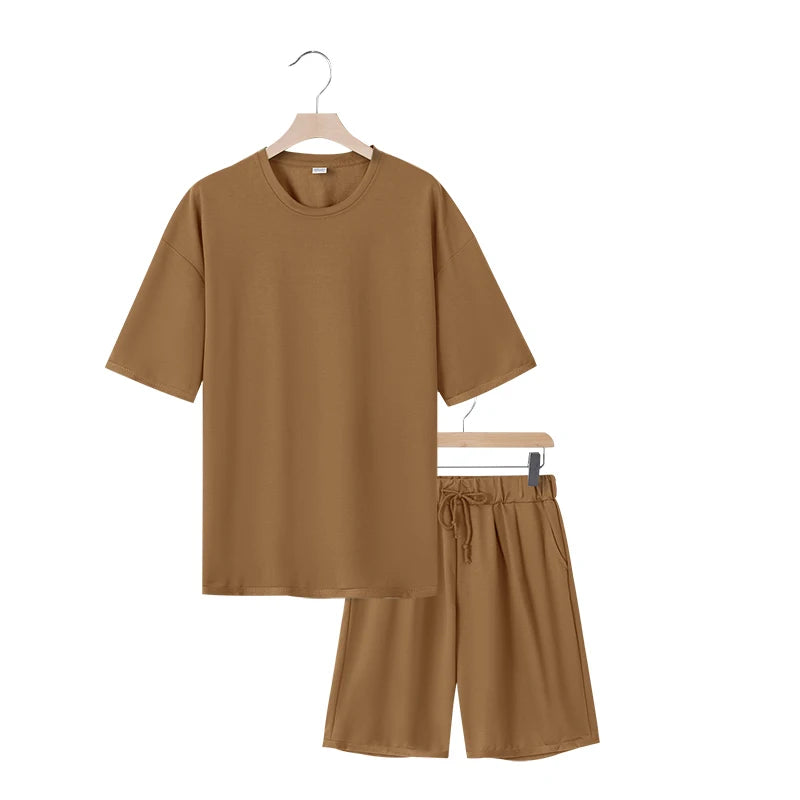 Men's two-piece clothing set, loose round-neck T-shirt and shorts set, casual sportswear, perfect for summer
