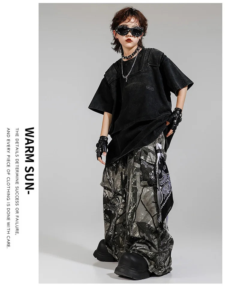 Kid Kpop Clothing Fake-2-Piece T Shirt Leaf Print Streetwear Harajuku Hip Hop Jeans for Girl Boy Jazz Dance Costume Clothes