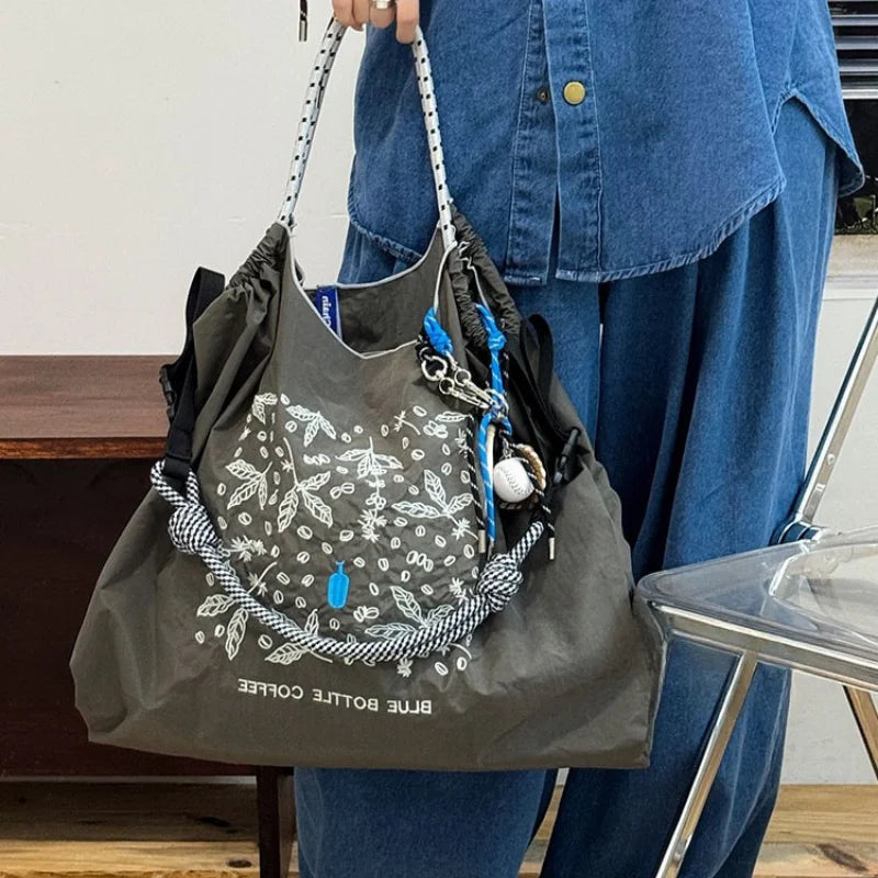 Ladies' tote bag, new nylon embroidered shopping bag, large-capacity single-shoulder bag, hand-held bag, casual style, lightweig