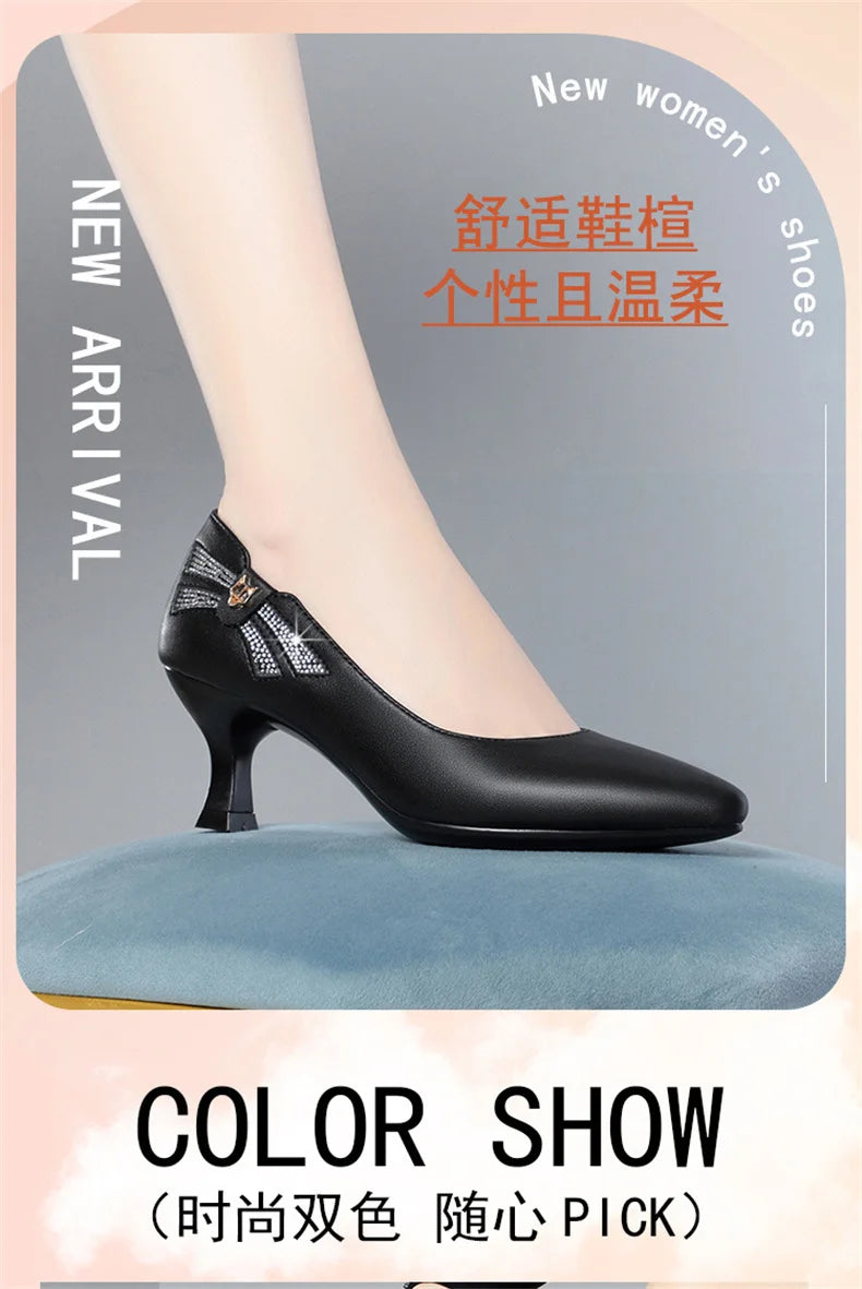 Genuine Leather Women's Shoes 2023 Spring New Single Leather Shoes Work Shoes Mid-high Heel All-match Ladies Women's Shoes