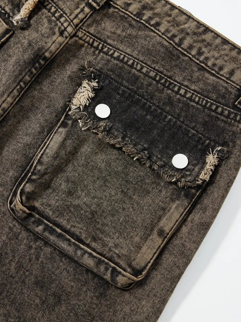 American-style high street heavy-duty workwear jeans for men, distressed with frayed edges, wide-leg, trendy and rugged long pan