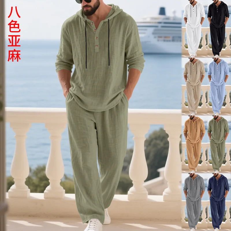 Men's Linen Hooded Sets 2 Piece Outfit Summer Casual Long Sleeve Hoodie and Wide Leg Pants Set for Men