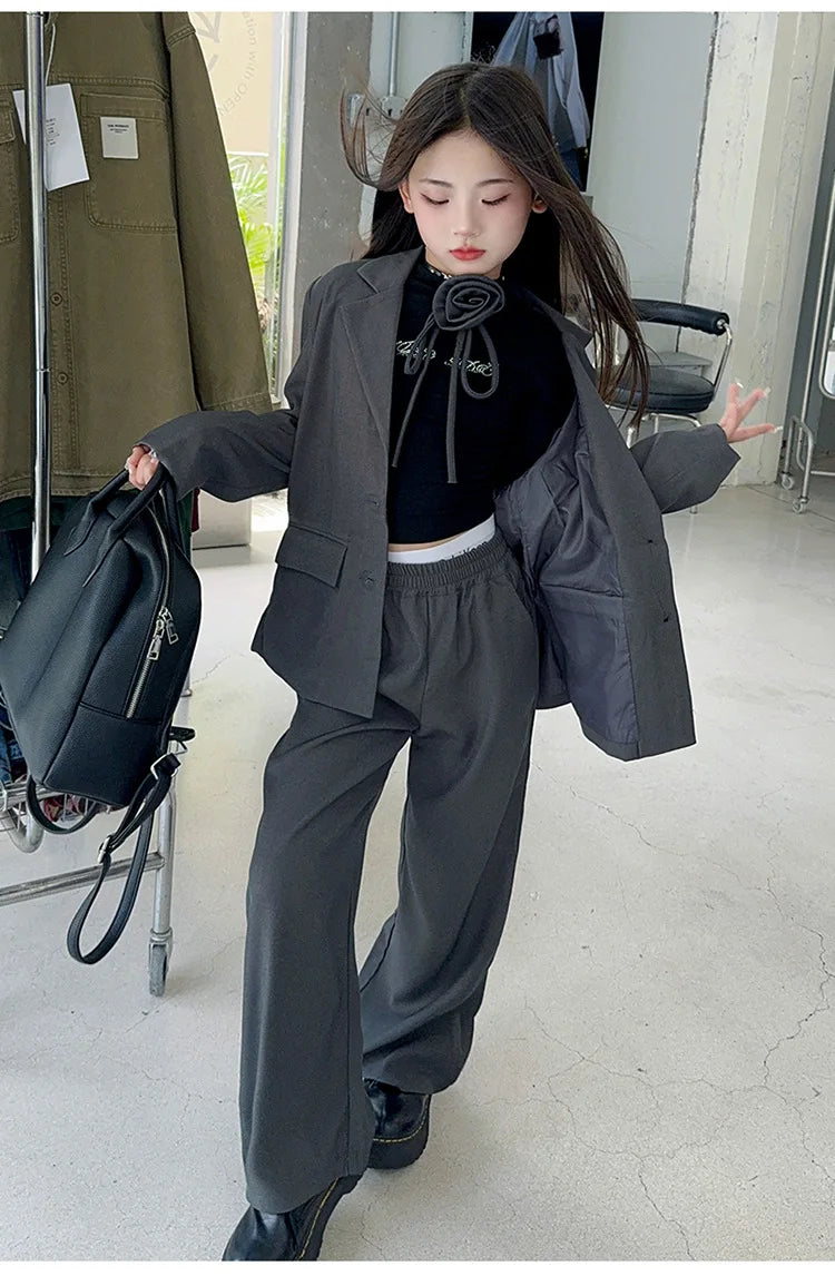 8 10 12 14 teenage Girl suit set Blazer+Wide leg pants 2pcs junior kid clothes suits children clothing girls outfit sets Costume