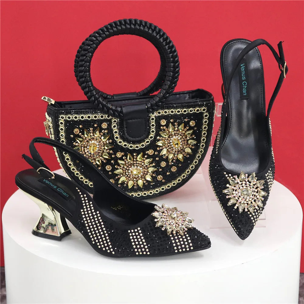 Nigeria Fashion Rhinestone-encrusted Ladies Party Shoes And Special bags High Heels And Dual Purpose Bag Women's Shoes