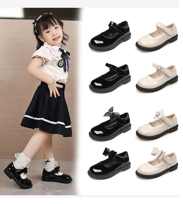 New Girl Leather Shoes Princess Kid Student School Causal Black Versatile Shoes Hook & Loop Children Glossy Mary Jane Autumn Hot