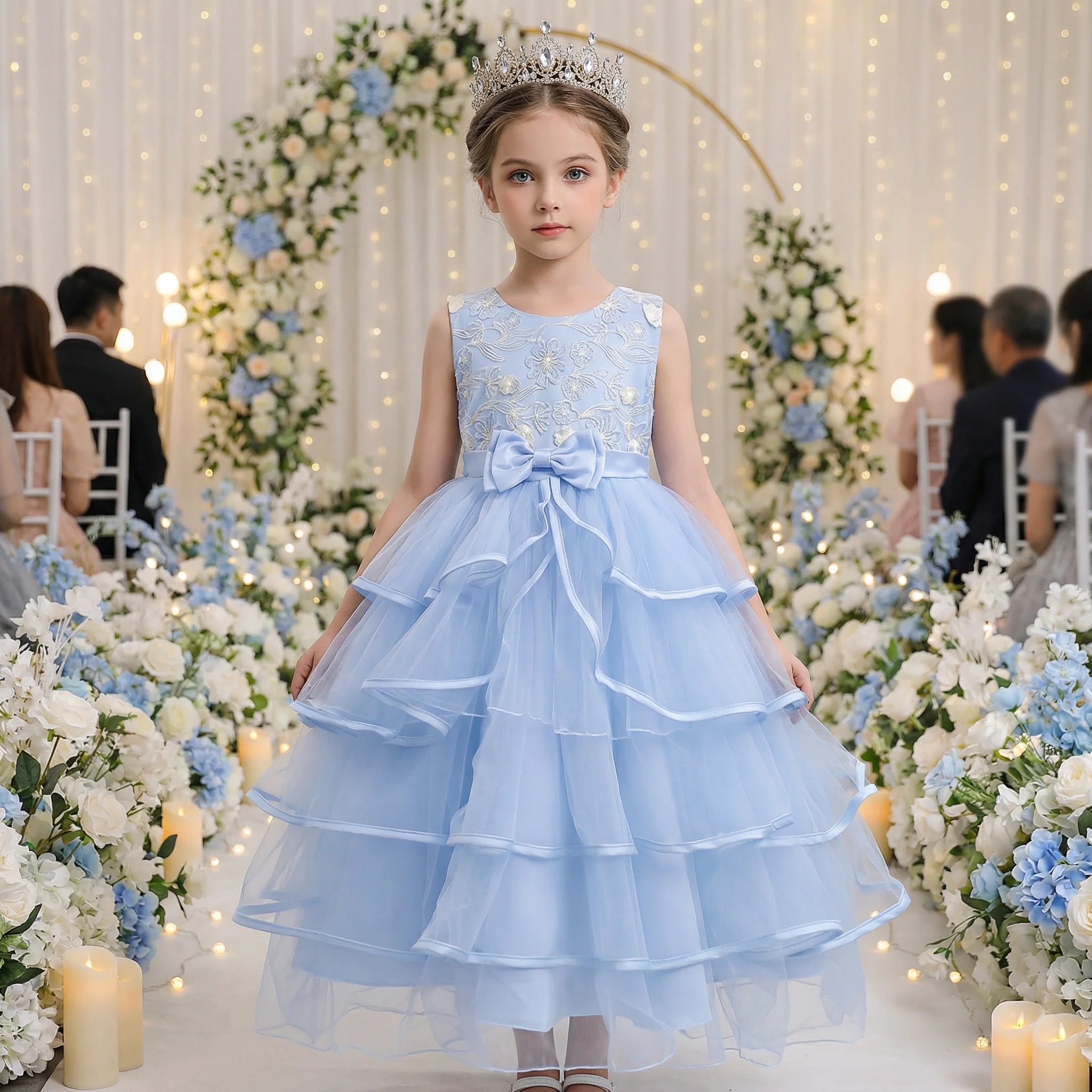 Girls Princess Dress Sleeveless Lace Embroidery Tiered Tulle Bow Formal Evening Gown for Wedding Birthday Party Christmas