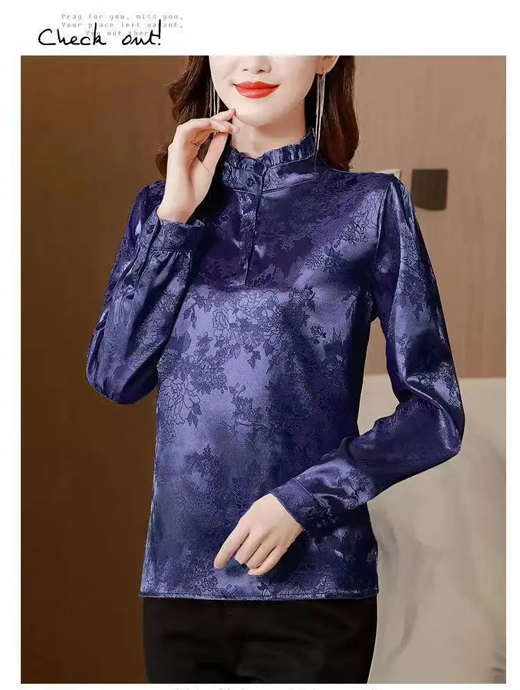 Premium Satin Blouse Women Spring Age-Reducing Print Loose Long Sleeve Top Fashion Elegant Collar Shirt