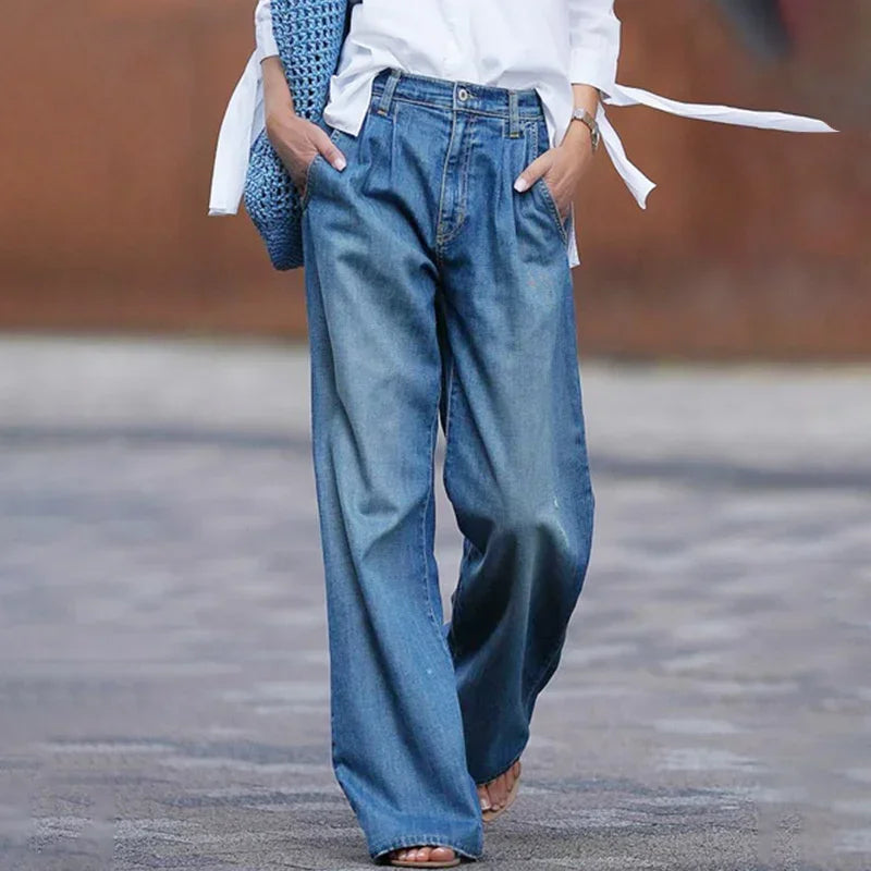 Chic Whitish Blue Women Straight Jeans Korean Casual Wide Leg Trousers Female 2023 Elegant Commuter Loose High Waist Denim Pants