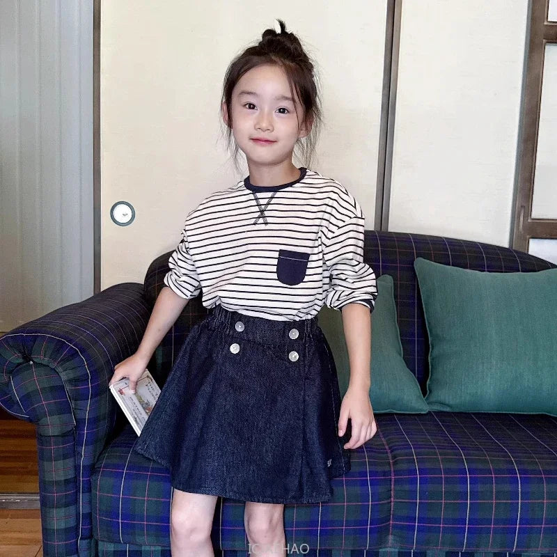 Teen Girl Clothes Waist Shell Button Denim Skirt and Top Kids Versatile Casual Outfits Children Costumes Vintage Girls Elastic