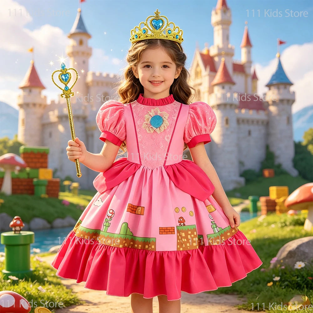 Kids Girls Summer Dresses Short Sleeve Print Costume New Movie Peach Princess Cosplay Dress Children Party Dress Birthday Gift