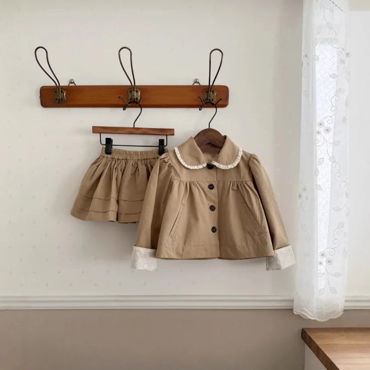 2025 Japanese Girls' Spring and Autumn Cotton Casual Ruffle Collar Jacket, Half Skirt, Children's Forest Two-piece Set