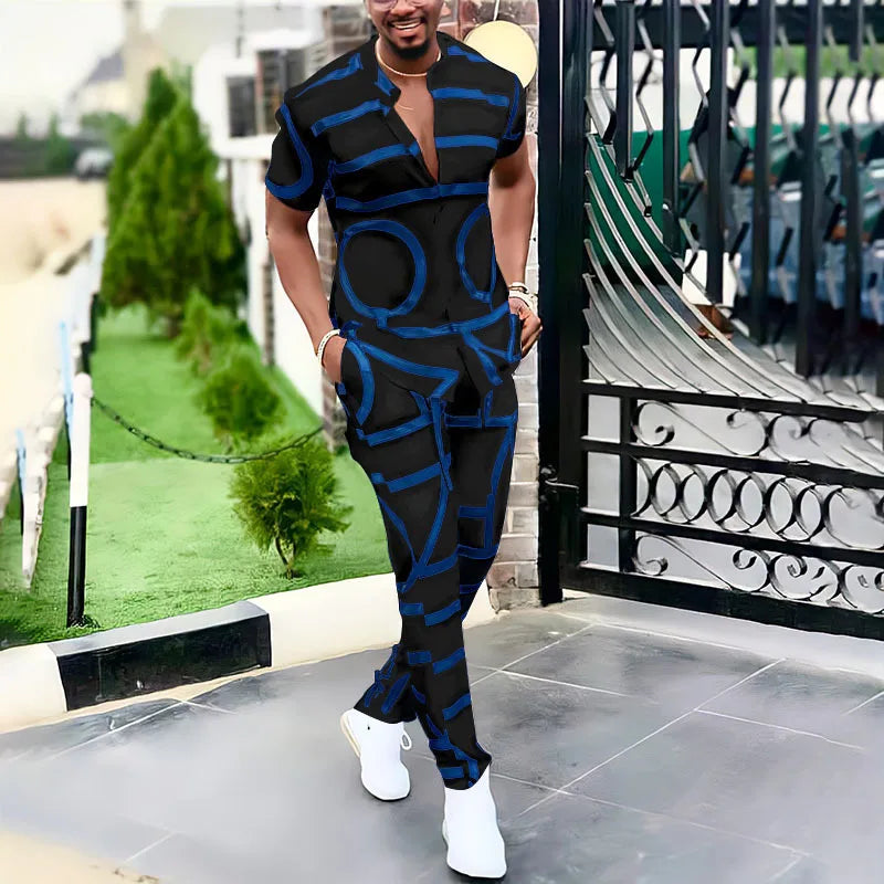 Summer New Men's Fashion Trend Print Shirt Casual Suit V-neck Short-sleeved Trousers Male Streetwear High-quality Two-piece Sets