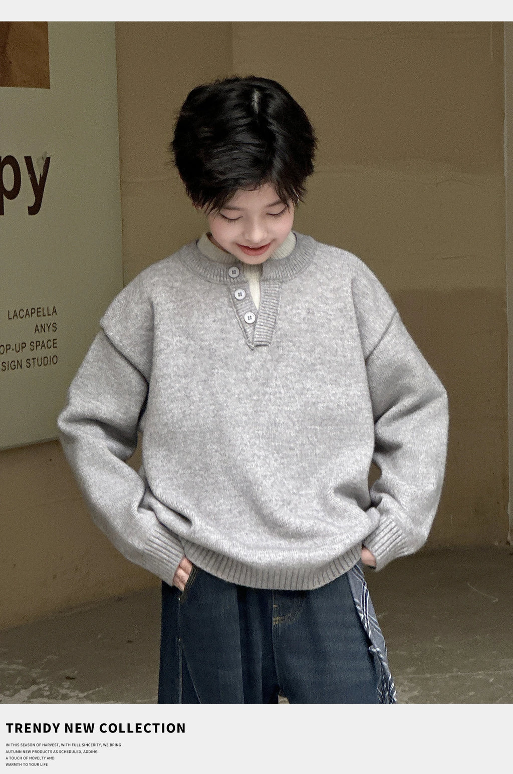 Child Minimalism Style V-Neck Sweater for Tween Boy Beige Grey Color Knitwear Korean Kids Spring Autumn Casual Knitted Clothing