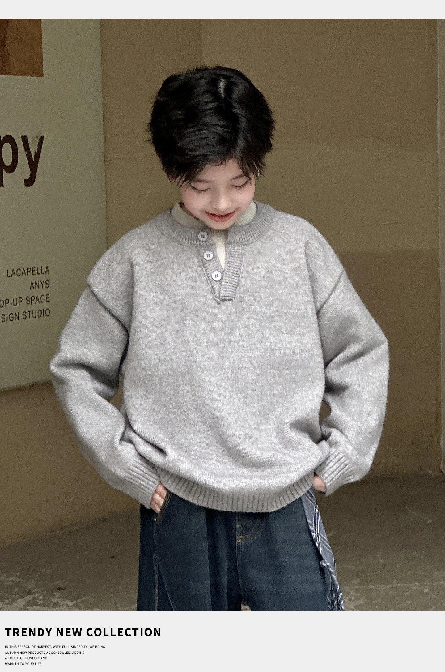Child Minimalism Style V-Neck Sweater for Tween Boy Beige Grey Color Knitwear Korean Kids Spring Autumn Casual Knitted Clothing