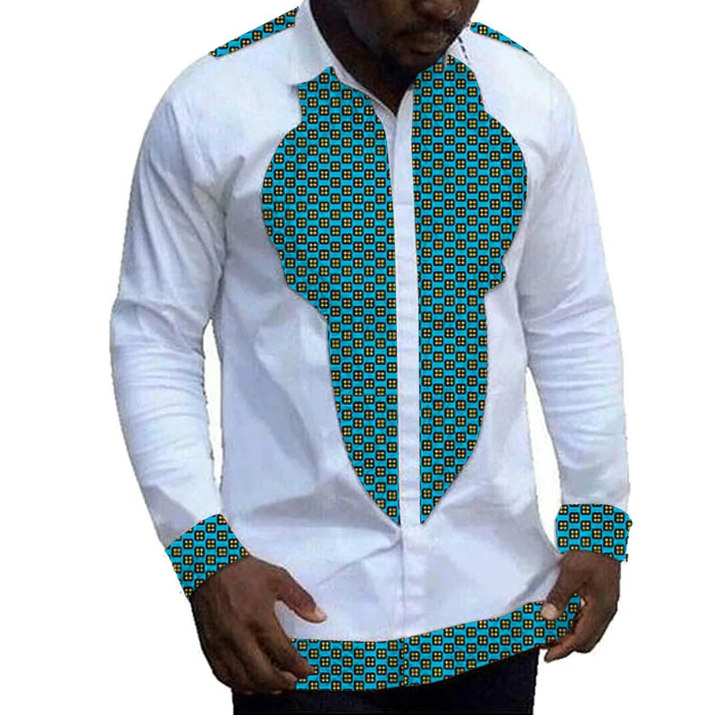 Nigerian Fashion White Men's Shirts Modern Design Casual Shirt Patchwork Long Sleeved Lapel Top African Couture Party Wear