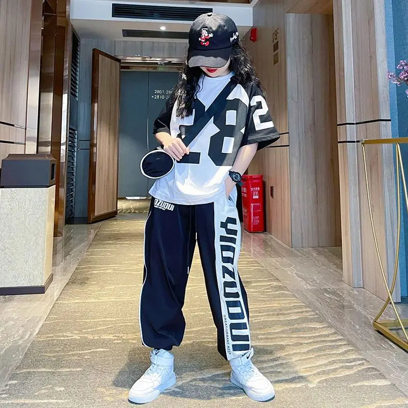 Girls Summer New Fashion Sports Cotton 2pcs T-shirts+Pants Suits 5-14 Years Teenage Girls Hiphop Oufits Tops Sets Kids Clothing