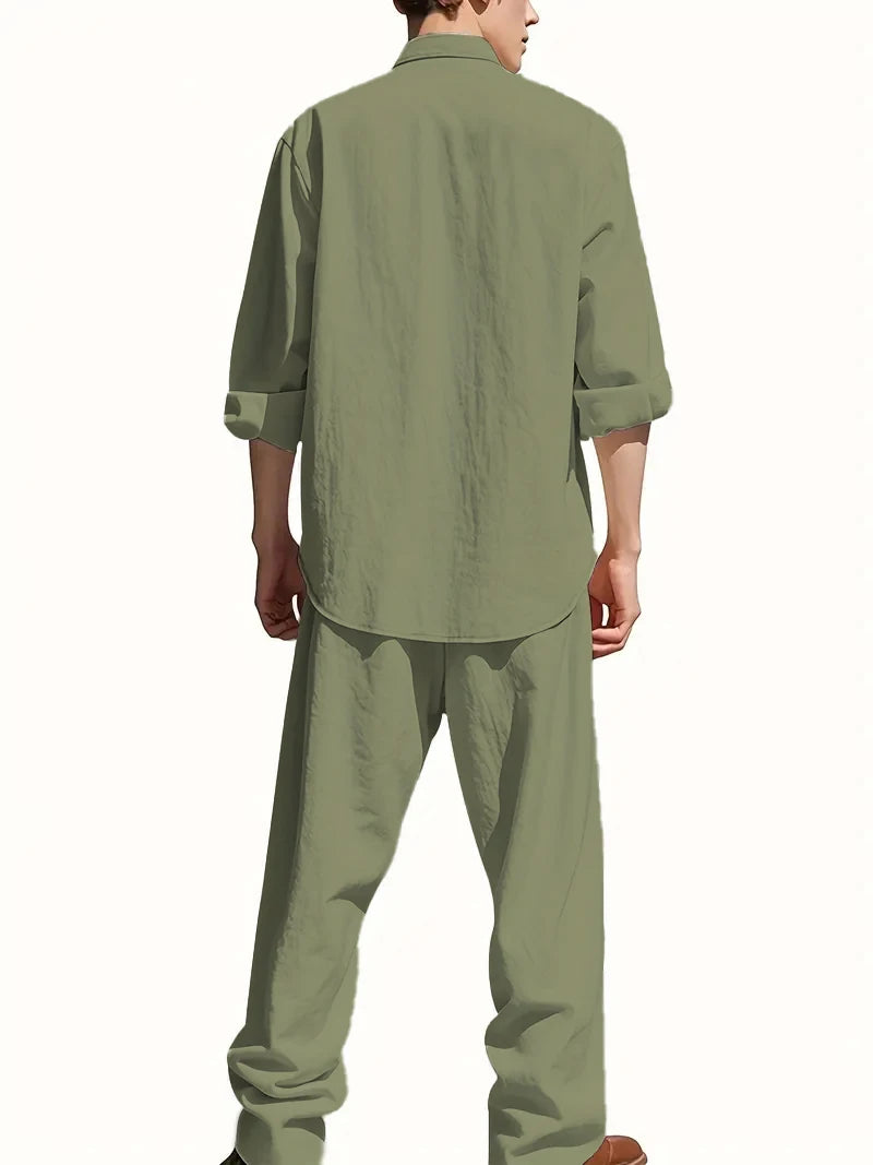 Men's White Linen Suit Set Long Sleeve Henley Shirt and Elastic Waist Pants Two Piece Outfit Summer Casual Comfortable