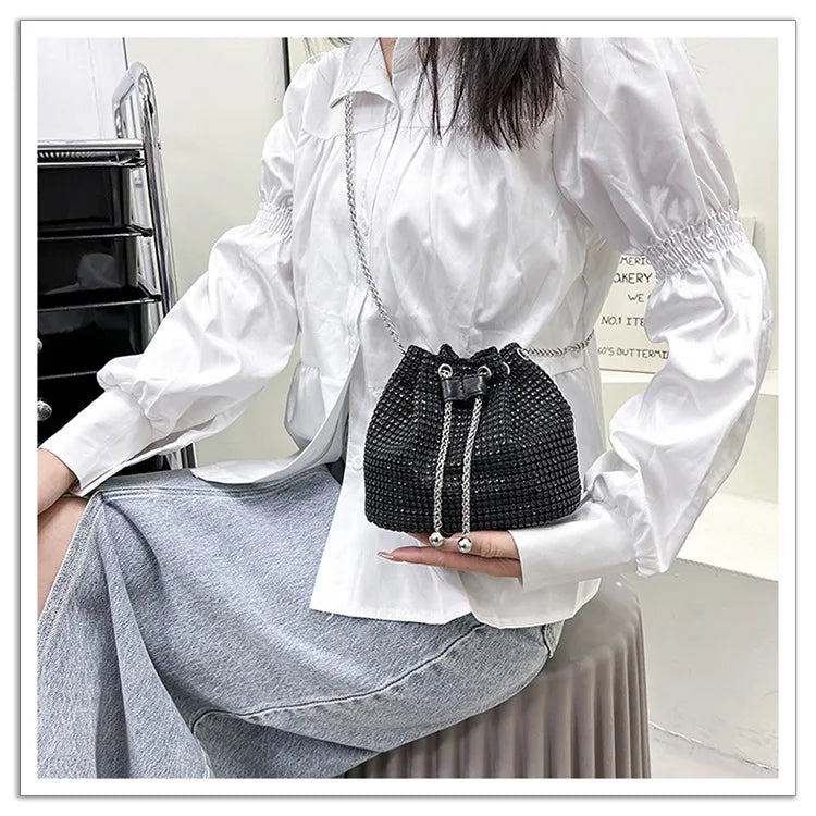 Women Luxury Shoulder Bag Solid Color Rhinestone Glittering Satchel Bag Drawstring Shinny Sling Purse Dinner Party Bag