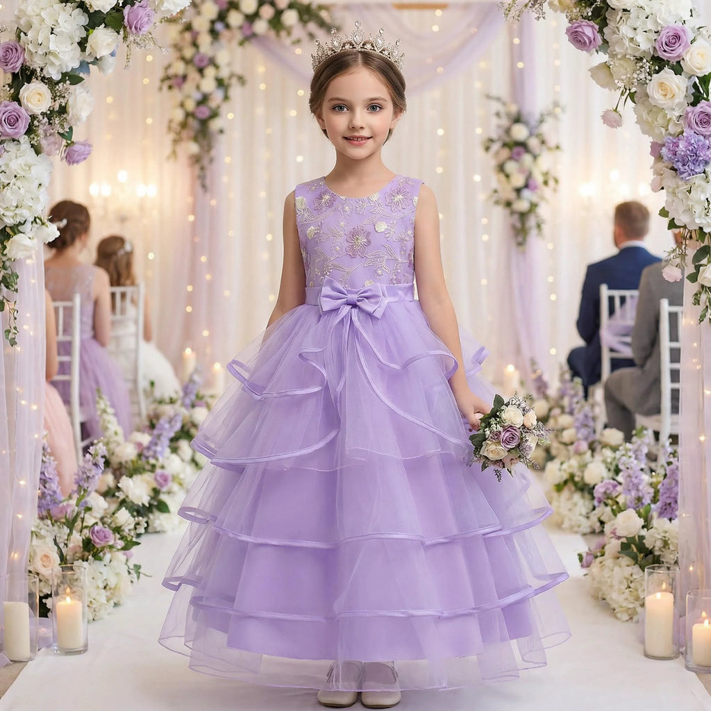 Girls Princess Dress Sleeveless Lace Embroidery Tiered Tulle Bow Formal Evening Gown for Wedding Birthday Party Christmas