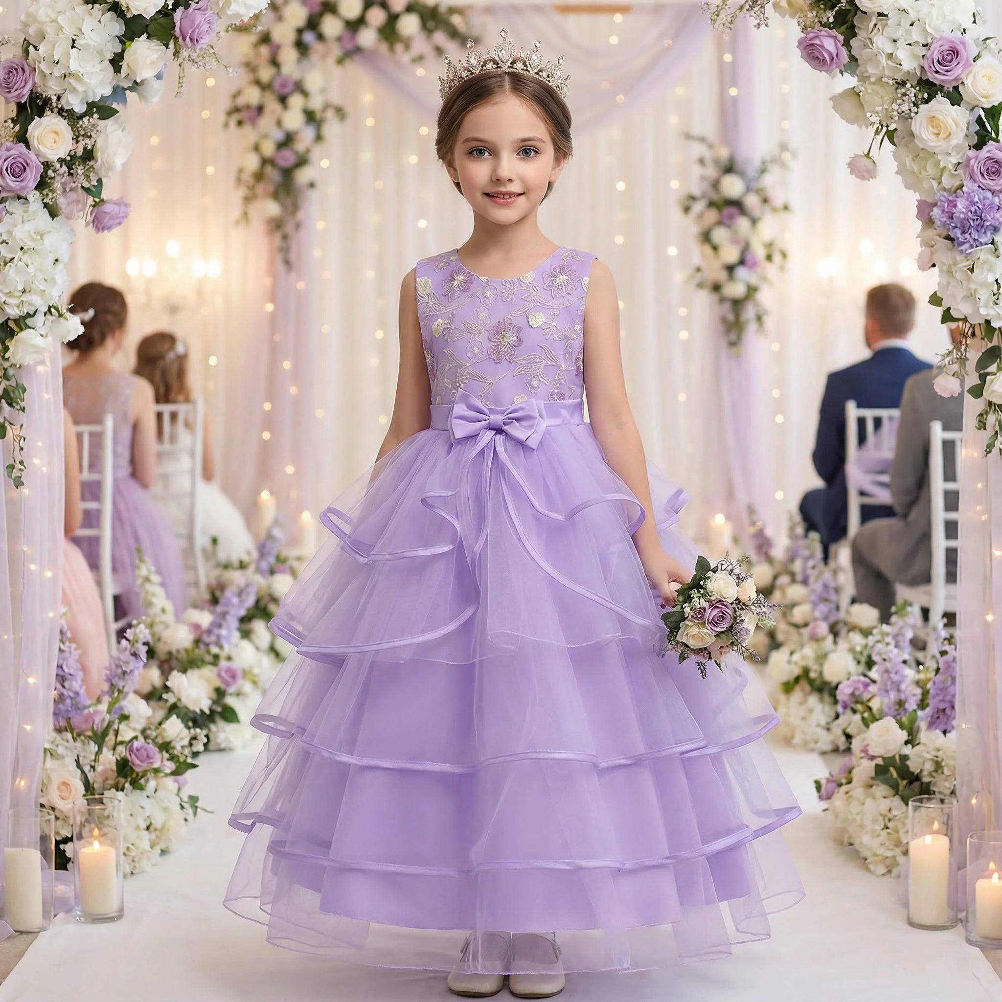 Girls Princess Dress Sleeveless Lace Embroidery Tiered Tulle Bow Formal Evening Gown for Wedding Birthday Party Christmas