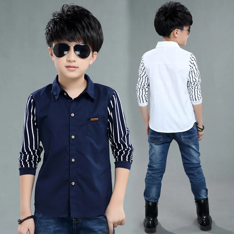 Boys Blouses And Shirts Children's Stripe Top 2024 Spring Autumn Casual White Polo Shirts Teenager School Brand Outerwear Cotton