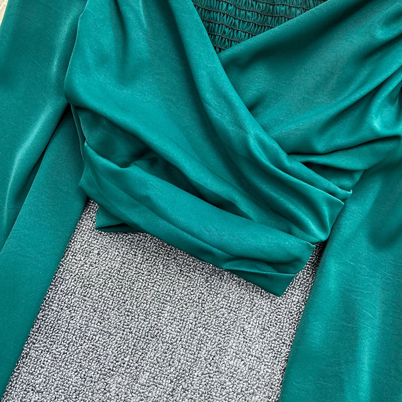 Beiyingni 2022 Spring Summer V-neck Blusas Women Plain Sexy Elastic Long Puff Sleeve Blouses Ladies Chic Ruched Crop Tops Female