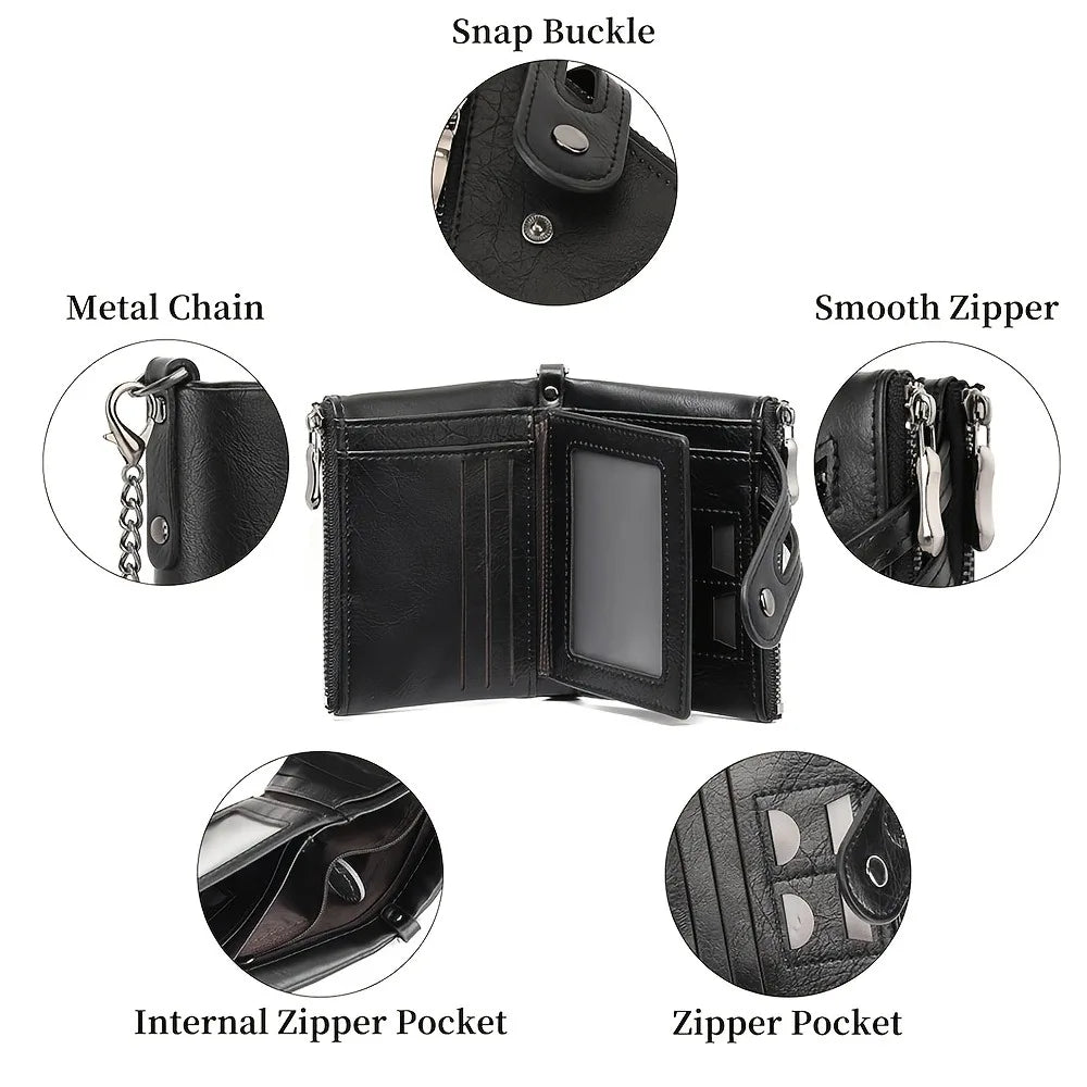 New Men's Chain Wallet RFID Anti-Theft Men's PU Leather Wallet Double Zipper Coin Purse Credit Card Holder for Men and Women